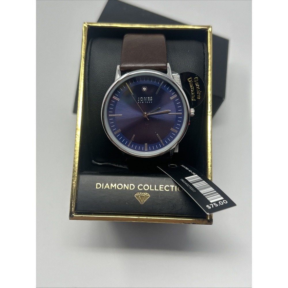 NIB Jones New York Diamond Collection Brown Strap Blue Face Genuine Diamond Mens